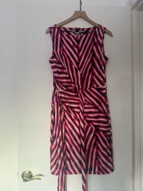 Diane Von Furstenberg Pink, Black & Cream Sleeveless Midi Tie-Waist Dress